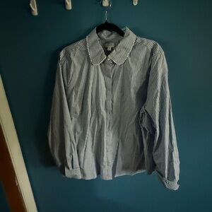 Classic Blue Striped Women’s shirt with pearl collar